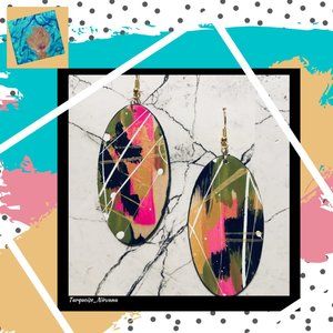 M-139: Pink Green Black Gold White Abstract Oval Earrings